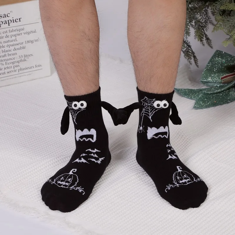 Ziemassvētku magnētiskās piesūcekņas rokā melnas baltas unisex garās zeķes meitenēm ar rokām, Haruku jaukas pāra kokvilnas zeķes_voghion.com