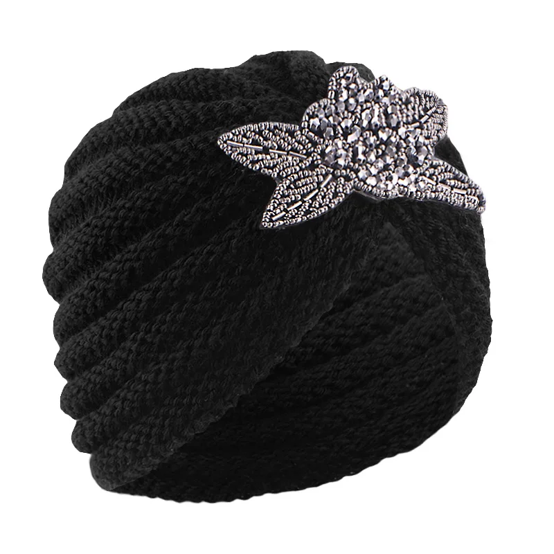 New Women Winter beaded flower knit Hat Autumn Winter Warm Turban Turban Hats Elastic Bonnet Headwrap Bandana Hair Accessories 3