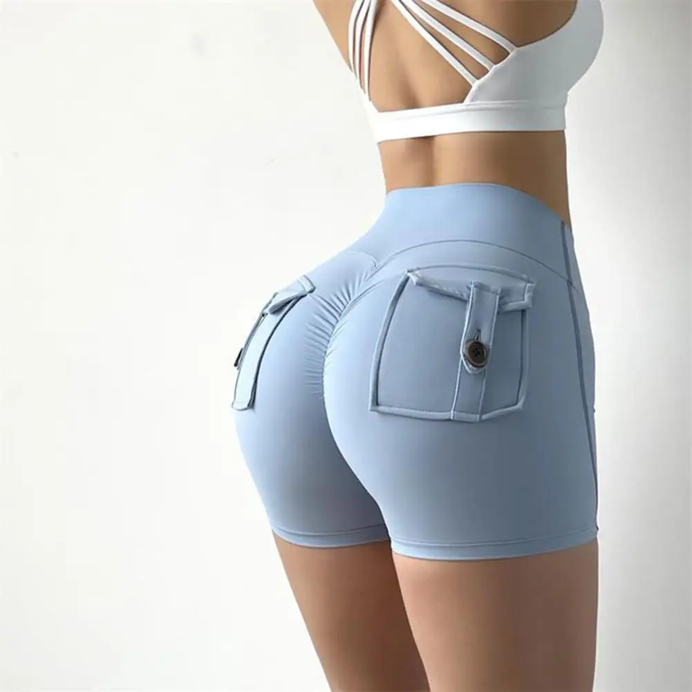 Ruched Elastic Waistband Two Pockets Women Tights Summer High Waist Hip Lift Yoga Shorts Gym Clothing 2022