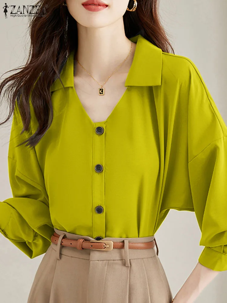 

ZANZEA Casual Lapel Tops Vintage Women Blouse Sexy V-neck Tunics Loose OL Long Sleeve Shirts 2023 Autumn Buttons Solid Blusas