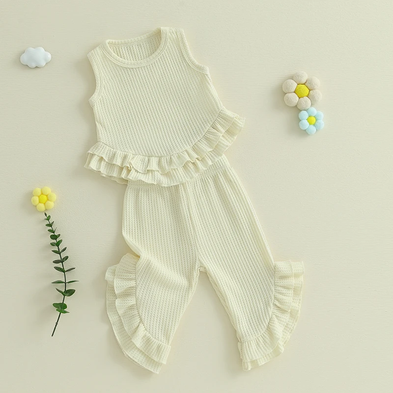 FOCUSNORM 0-4Y Fashion Kids Girls Summer Clothes Sets Solid Waffle Sleeveless Ruffled Tank Tops with Long Pants