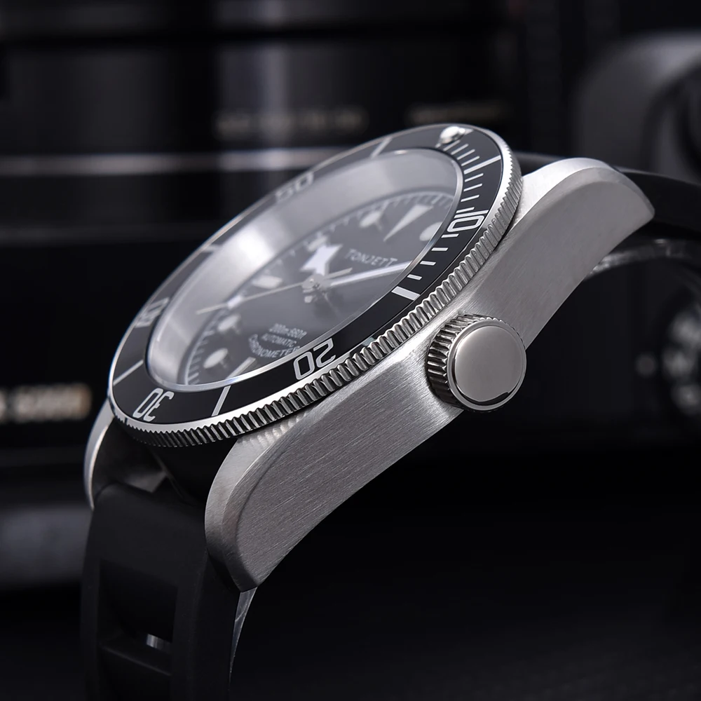 TONJETT Herren-Taucheruhr, 40 mm Uhrwerk, NH35A, automatisch, mechanisch, Saphirglas, wasserdicht, 20 Bar, grün leuchtend + FKM-Uhrenarmband – Detail 3
