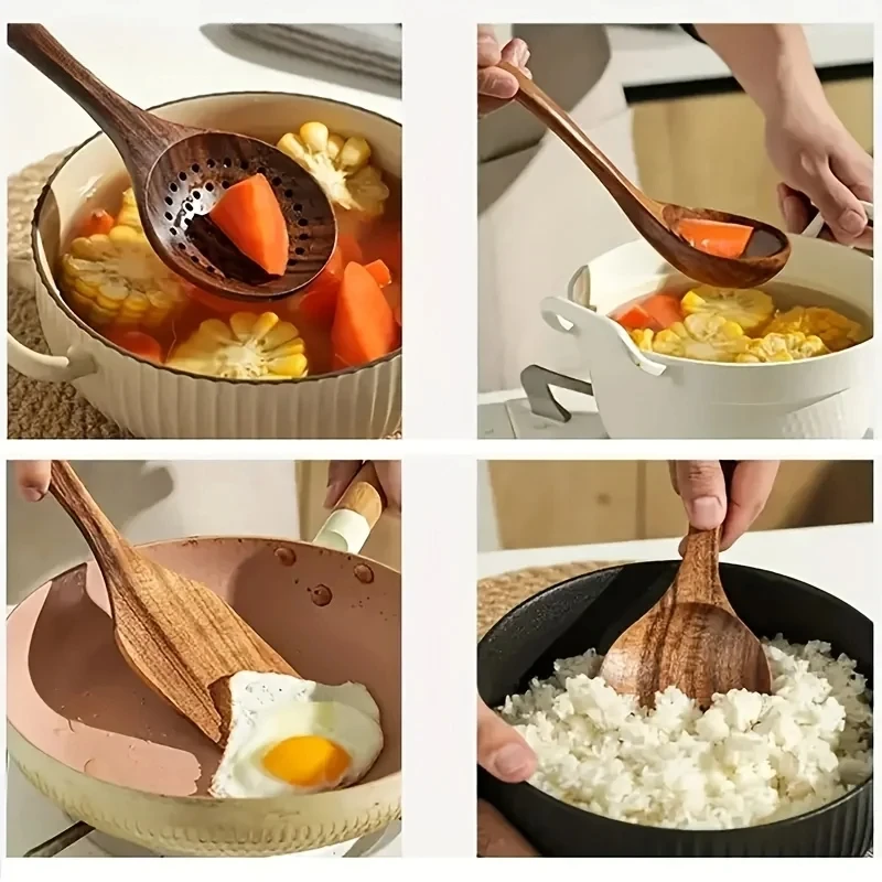 Durable Eco-Friendly Thailand Teak Cooking Spoon Ladle Turner Rice Colander Soup Skimmer 5-7PCS Wooden Kitchen Utensils Set