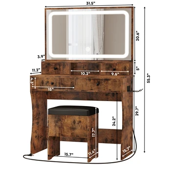 Vanity Desk with LED Mirror, Power Outlet & 4 Drawers and Stool 1