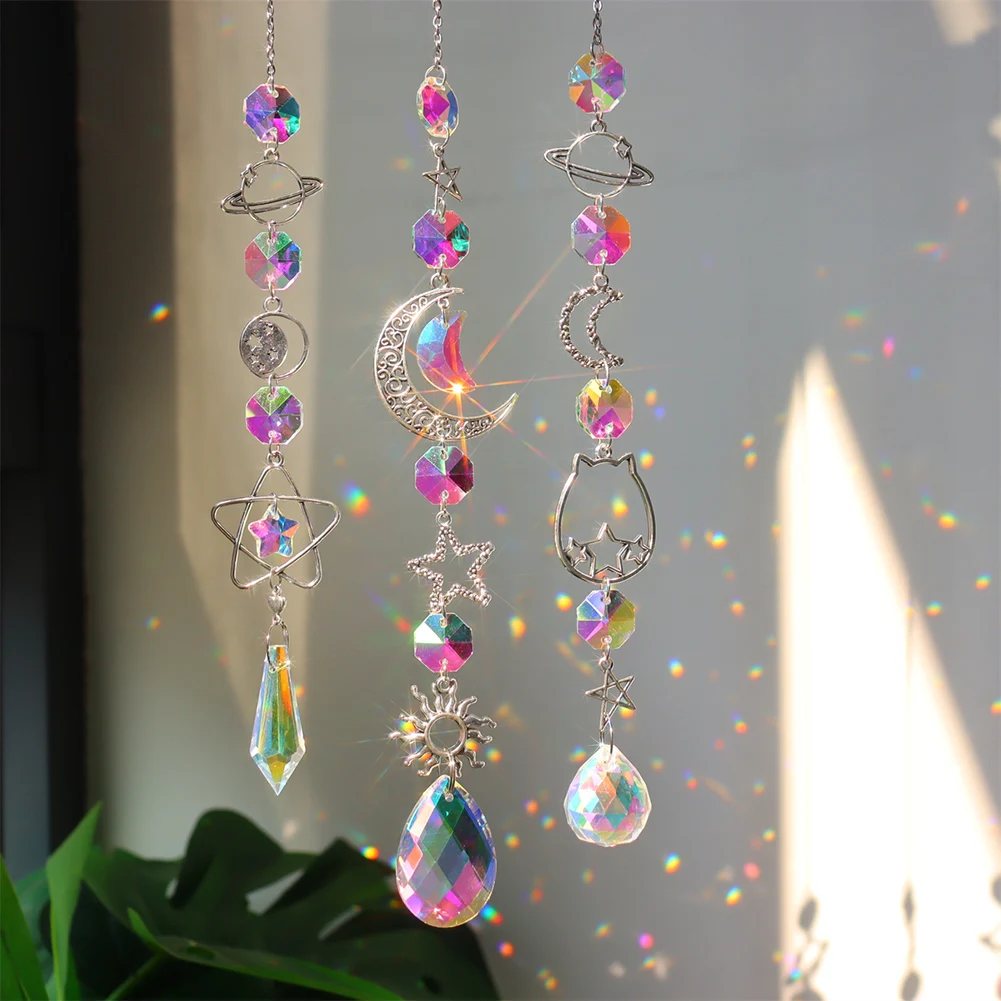 Suncatcher Crystal Pendant Window Prism Wind Chimes Star Moon Heart Metal Hanging Prism Hanging Light Catcher Home Garden Decor