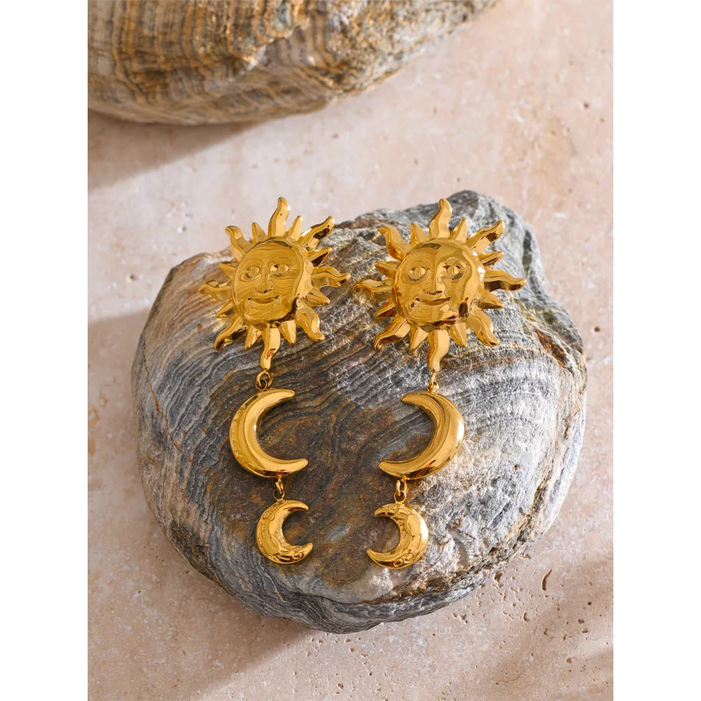 Yhpup Stainless Steel Sun Moon Dangle Earrings 18K Golden Plated