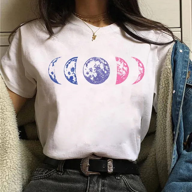 New Women's T-shirt Oversized Streetwear Black Moon Casual Round Neck T-shirt Lunar Eclipse Printed Women T-shirt Tee Tops E485-White