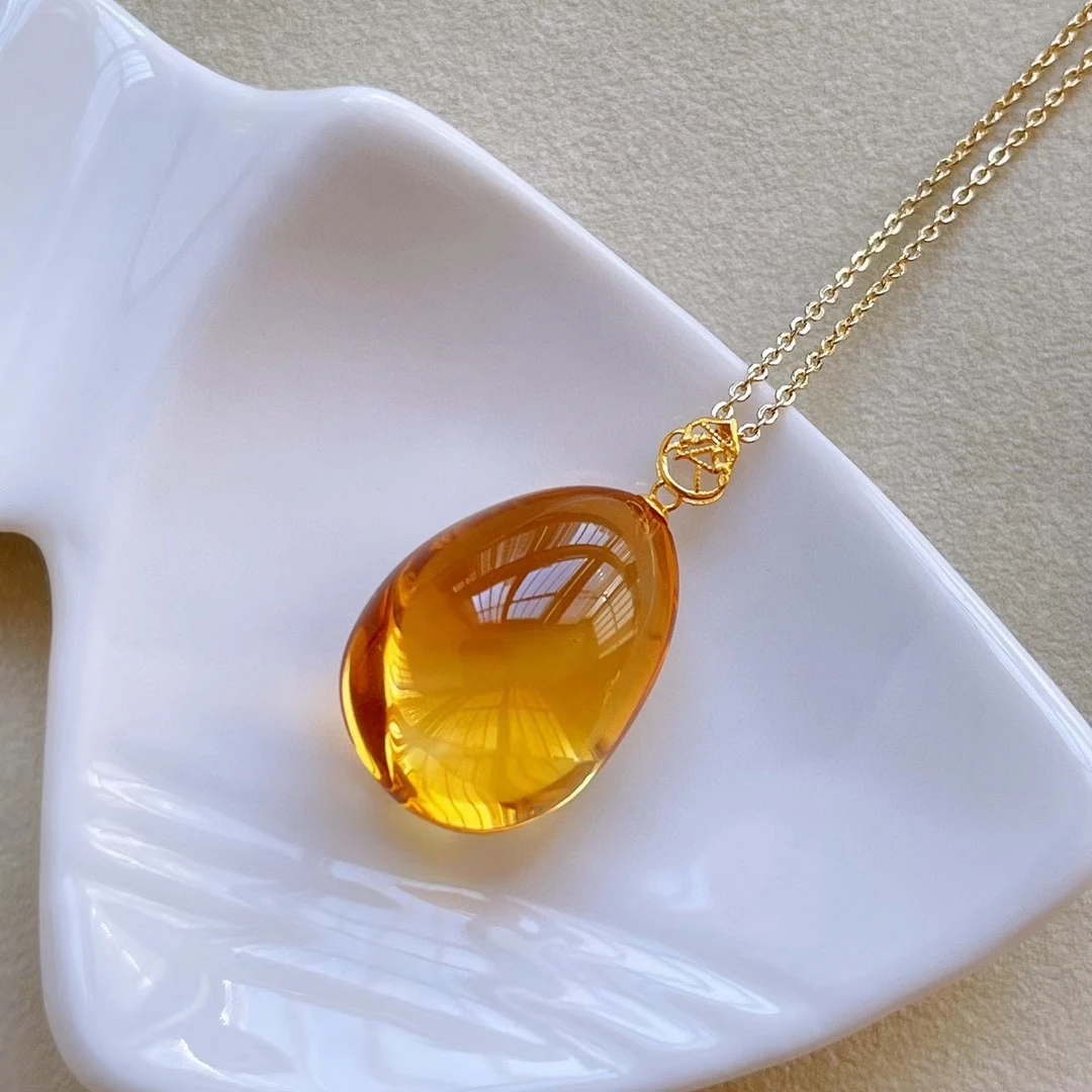 

Natural Yellow Citrine Quartz Water Drop Pendant Women 18K Gold Wealthy 21.5*15mm Gold Citrine Fashion Bead Necklace AAAAA