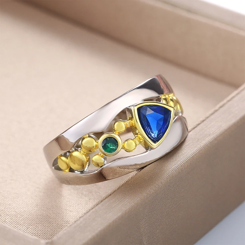 Huitan Two Tone Design Triangular Blue/Green CZ Women Rings - Image 7