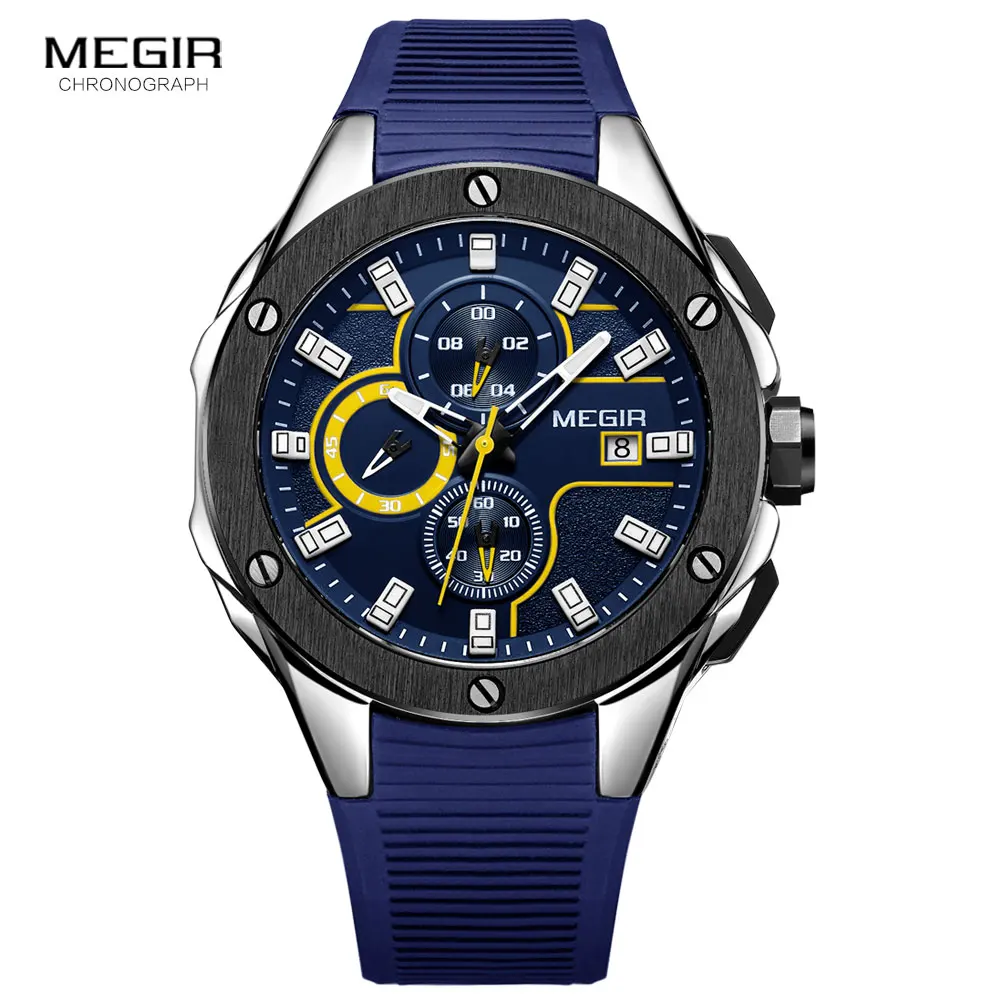 Megir-esportes Homens Cronógrafo Quartzo Relógios Pulseira de Silicone Luminoso Impermeável Relógio de Pulso Militar do Exército Azul 2053 - Image 6