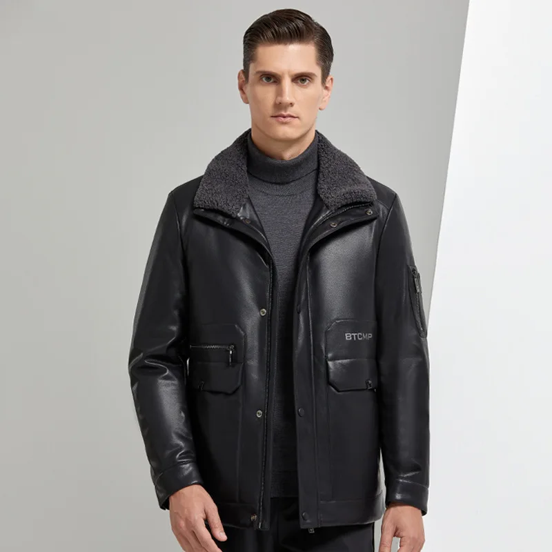 

Winter New Men's Leather White Duck Down Jacket Jaqueta De Couro Brand Fashion Male Business Casual Wool Lapel Warm Short Coat