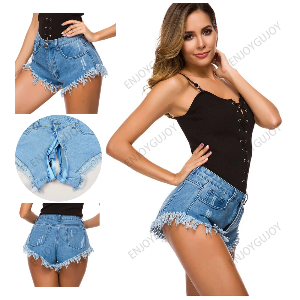 Invisible Open Crotch Pants Outdoor Sex Boyfriend Jeans Sexy Female Denim Shorts HotPants High Waist Nightclub Women's Clothing