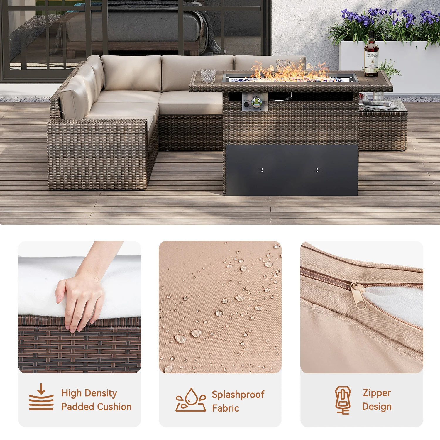 Aoxun 44" Propane Fire Pit with Storage 60,000 BTU Outdoor Wicker Fire Table CSA Certified Patio Rectangular and Waterproof Cove