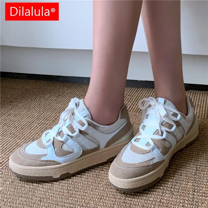 

Dilalula 2024 Women Sneakers Spring Summer Outdoor Casual Mixed Colors Genuine Leather Cross-Tied Shoes Woman Flats Platforms