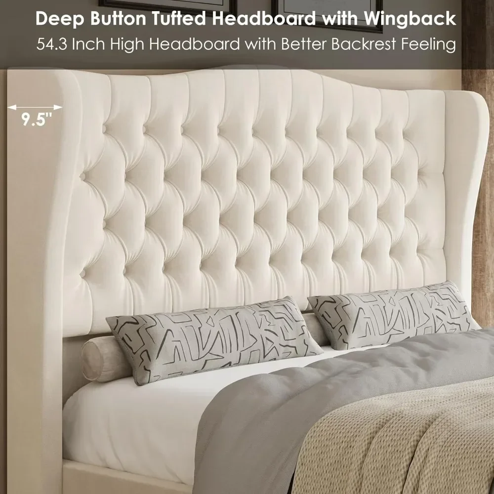 Queen Size 54.3” Tall Platform Bed Frame with Deep Button Tufted Wingback Headboard and Footboard,  ZL 3