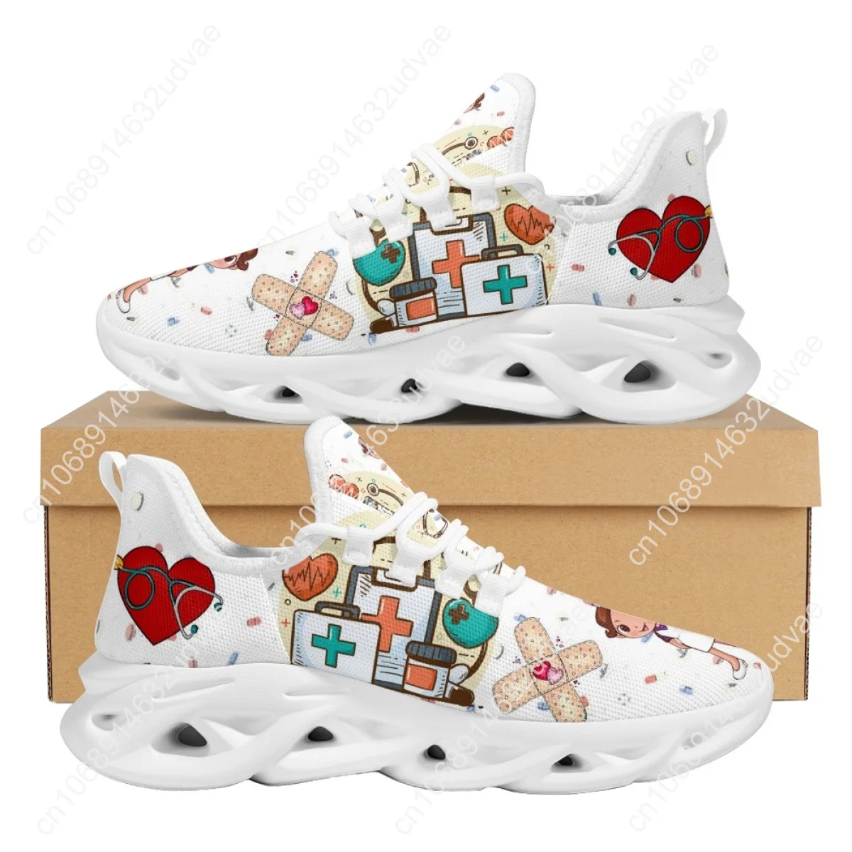 Brand Design Women Sneakers White Nursing Shoes Cute Cartoon Nurse Doctor Medical Print Light Lace-up Flats Footwear