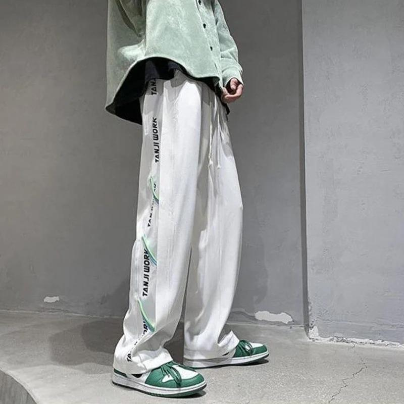 Summer Y2K Casual Letter Print Trousers Man Elastic Waist Loose Straight Pants Sweatpants All Match Fashion Streetwear Clothes
