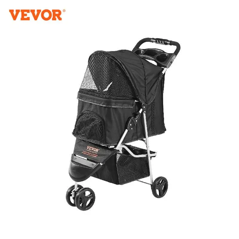 VEVOR Cochecito para Perros 3 Ruedas Giratorias 1 Freno Cochecito para Mascotas Capacidad de Carga 16 kg Transportín para Mascotas con Velcro Pedal Delantero Cesta de Almacenamiento Portavasos, Negro