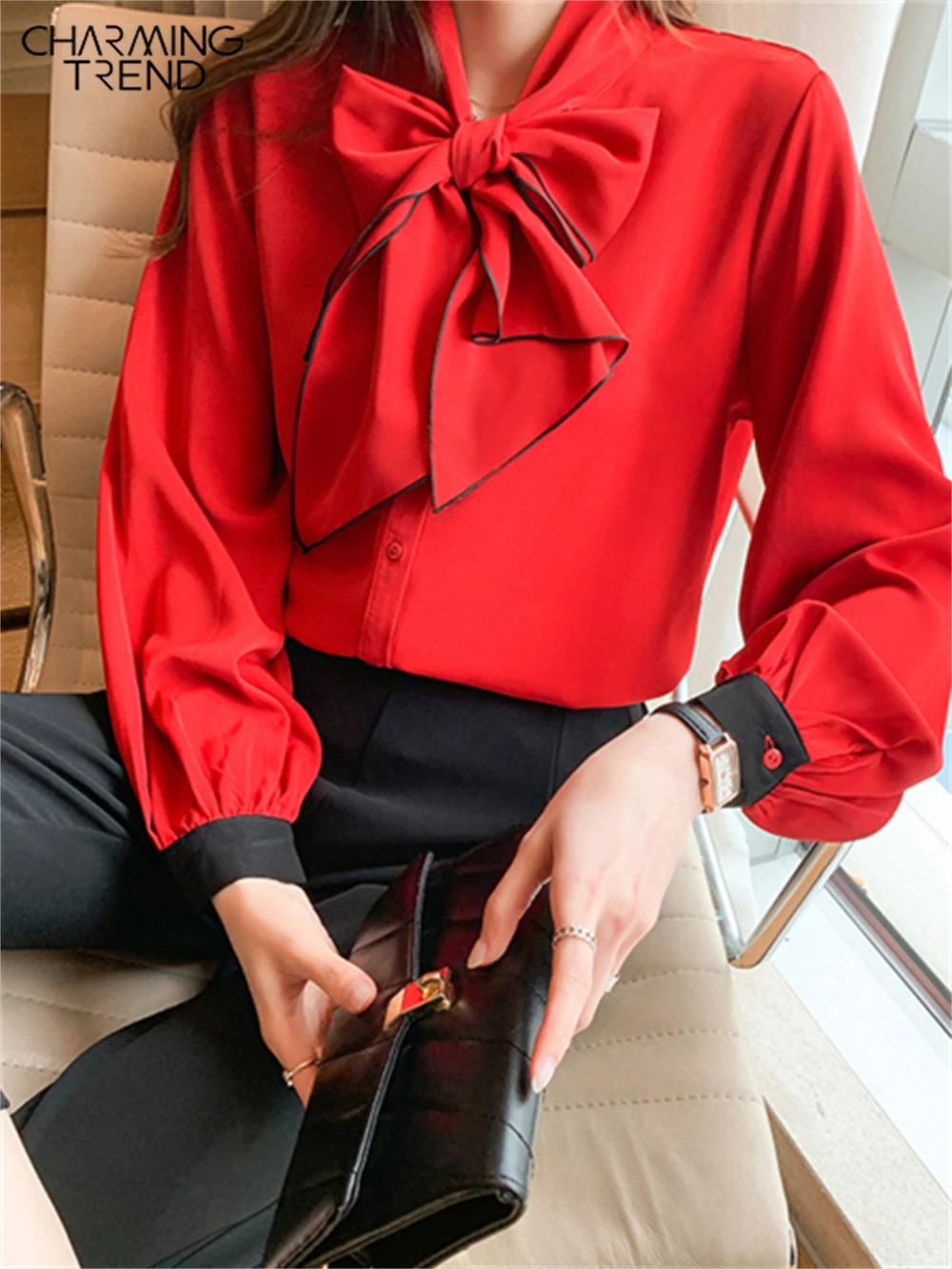 

Charmingtrend Casual Loose Shirts Women Red Bow Solid Long Sleeve Blouses Office Lady Female Top Tee Korean Style