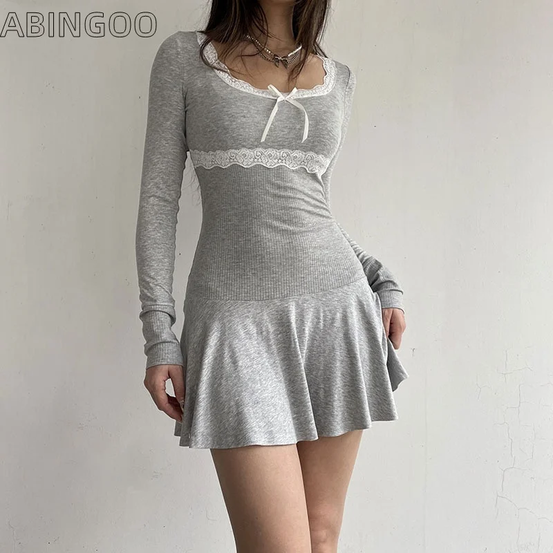 

ABINGOO Autumn Skirt Long Sleeved Lace Edge Spliced Solid Color A-Line Dress Party Waist Closing Spicy Girl Knitted Women's Wear