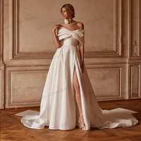 Simple Wedding Dresses Graceful Bridal Gowns Satin Pleat Robes Off The Shoulder High Slit Vestidos De Novia 2025 Customized 2024 1
