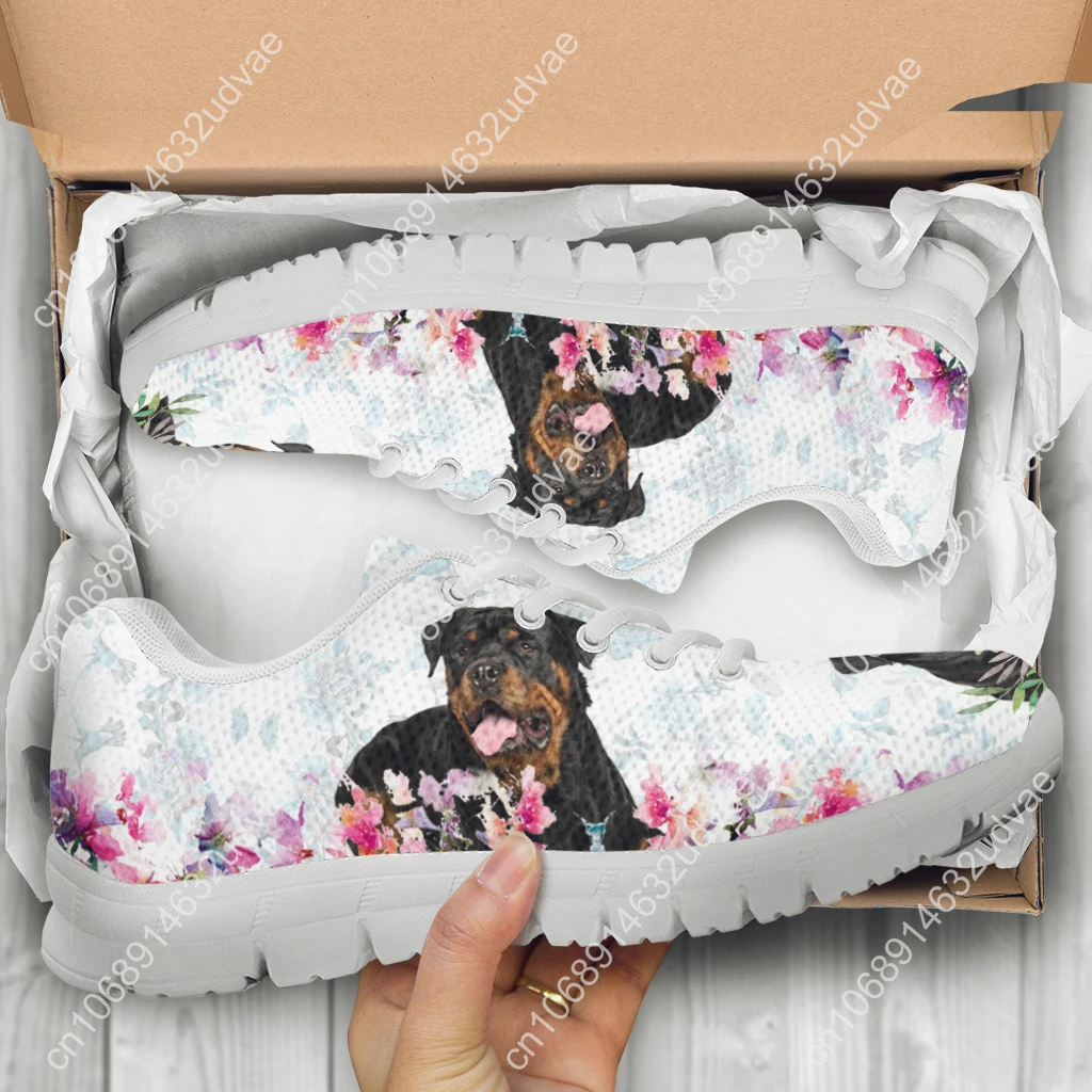 New Rottweiler Design White Soft Sole Casual Sneakers Floral Print Lace Up Sneakers Animal Shoes Zapatos Planos