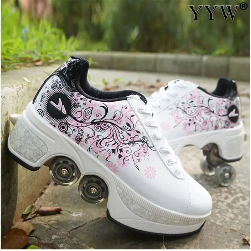 Casual Sneakers Walk Roller Skates Deform Runaway Four Wheel Skates for Adult Men Women Unisex Child Deform Wheel Parkour Shoes