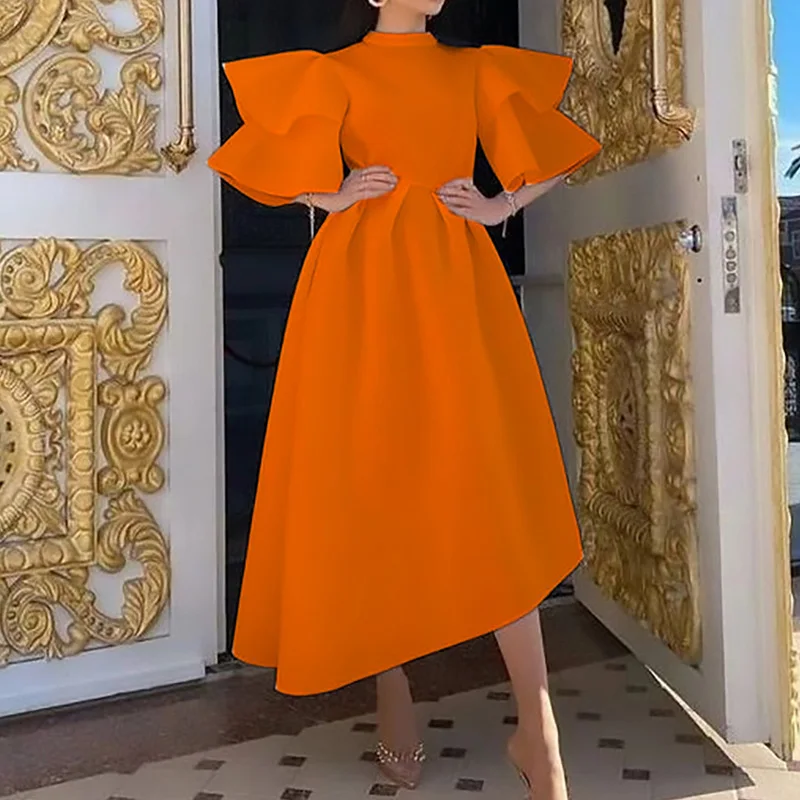 Summer Clothes for Women Solid Color Round Neck Patchwork Double-deck Ruffle Half Sleeve Zipper Plus Size Elegant Party Dress