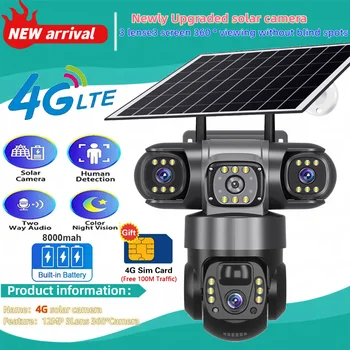 Solar Camera 4G Sim Outdoor 3 Lens 3 Screen 10X Zoom PIR Human Detect Cameras Waterproof Night Vision CCTV Security Protection 1