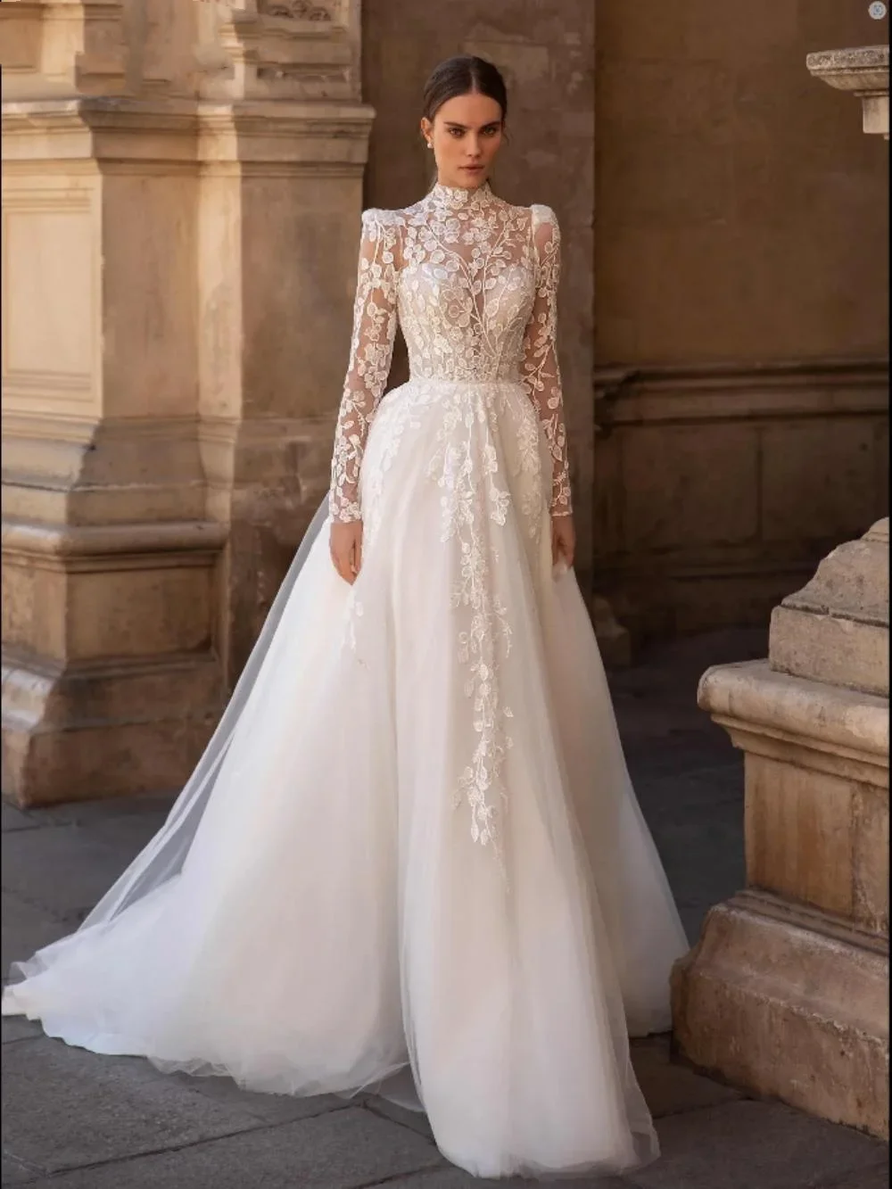 

Modest High Collar Wedding Dress Classic Lace Appliques Dress For Bride Elegant A-line Long Bridal Gown Robe De Mariée