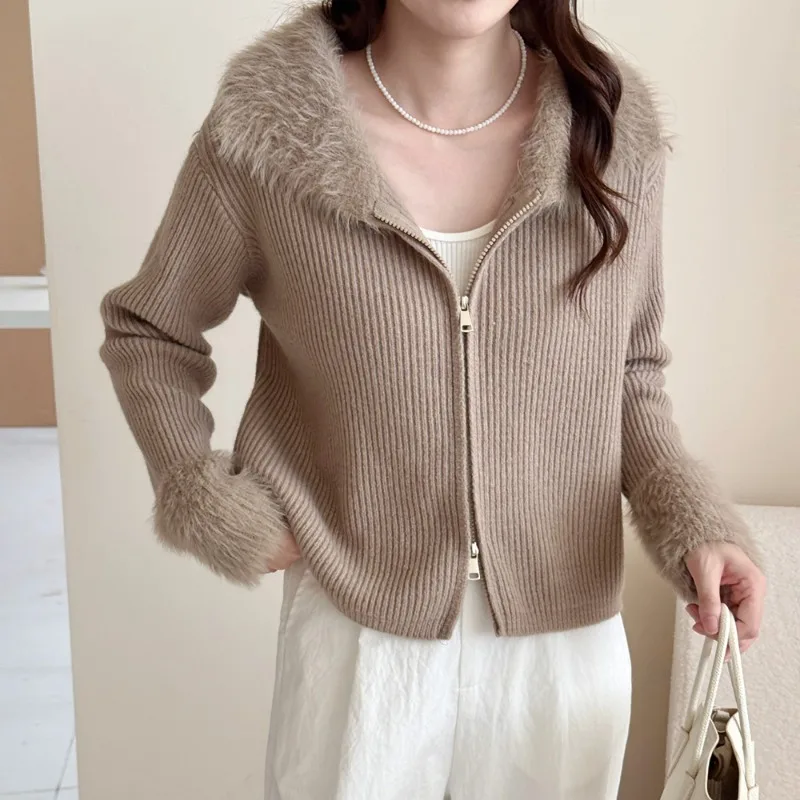 Fall and Winter Fashion Lapel Fleece Stitchwork Women's Cardigan Solid Color Sweater New Slim Straight Women's Casual Zip Jacket