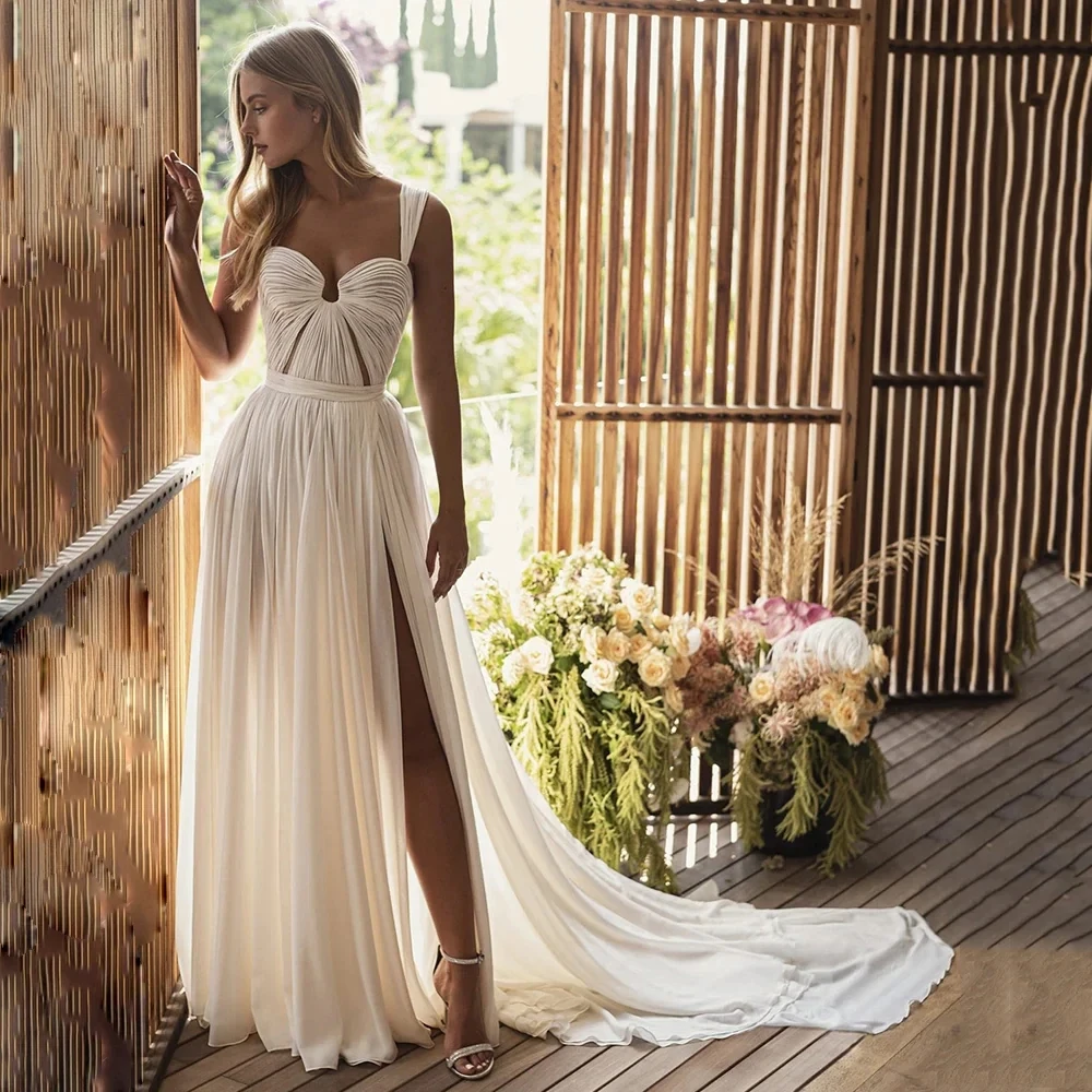 

Chic Chiffon Wedding Dresses Modern Pleated Bridal Gowns Heart-Shaped Neckline Thigh-High Slit With Train Vestidos De Novia