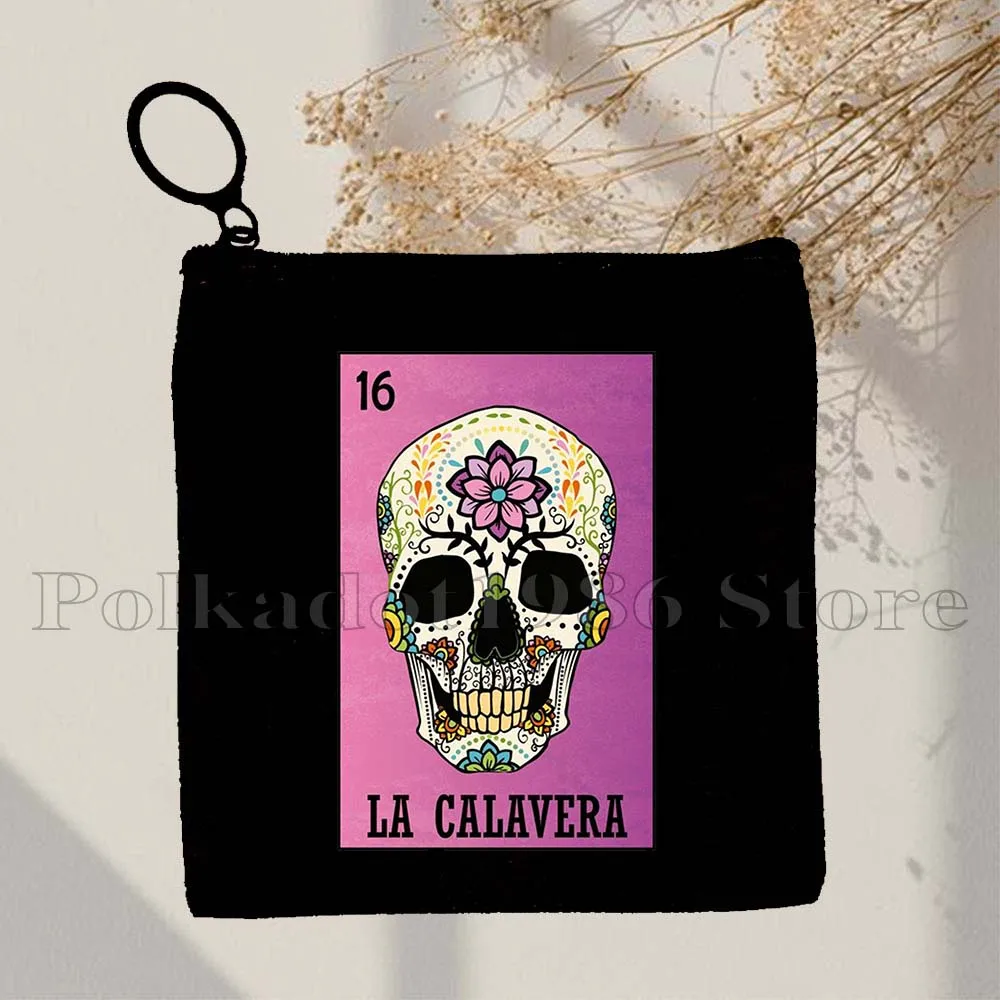 Mexican Loteria Bingo Card Art LA ROSA Diablita Toxica El Jefe Nopal Catrin Papa Gifts Key Coin Purse Case Bags Wallet Pouch