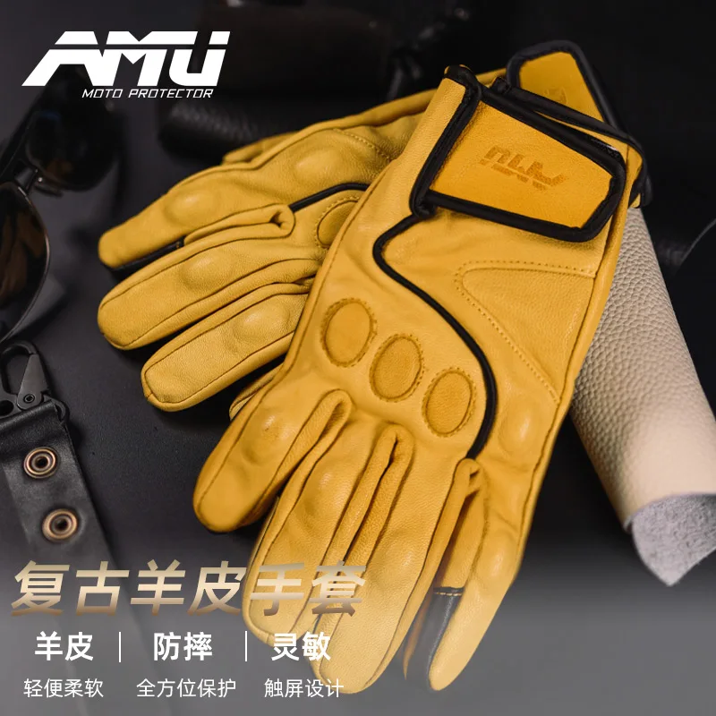 Motorcycle Gloves Mens Motocross Cycling Long Warm Retro Leather Full Finger For Racing Spring Classic Touch Screen Cool