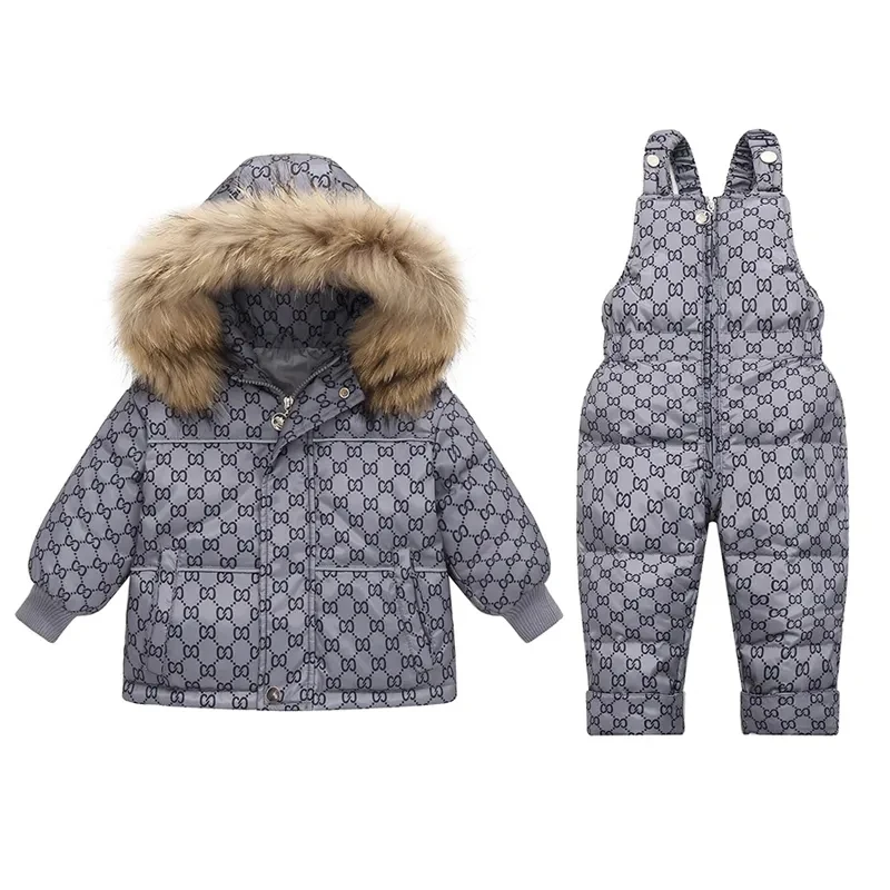 

-30 Degrees Kids Clothing Set 2023 Winter New Baby Thick Fur Hooded Duck Down Jacket + Overalls Jumpsuit Suit 2Pcs Girls Suits