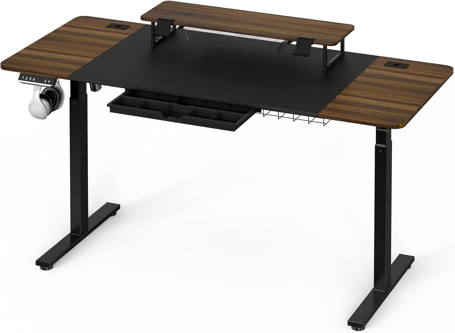 

62-Inch Extra Large Electric Height Adjustable Standing Desk with Monitor Riser and Drawer, 62 x 28 Inches, Walnut