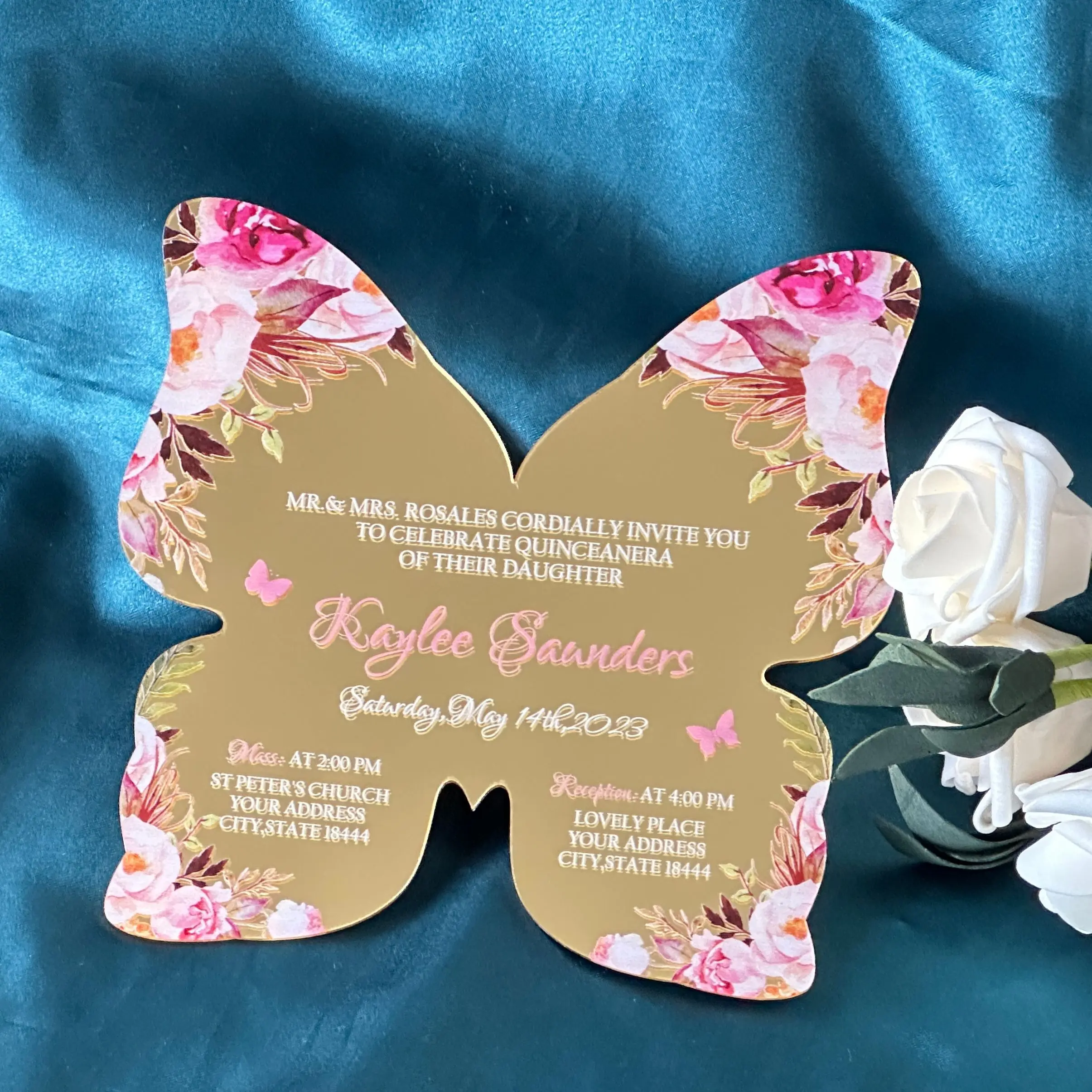 Espejo dorado acrílico invitación de boda forma de mariposa quinceañera  personalizado, sobres personalizados, 10 Uds. - AliExpress, image size:2410x2410