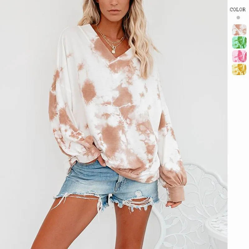

Fashion Women's Tie Dye V-neck Long Sleeve Casual Autumn Pullover Drop Cuff Casual Loose Fashion Hoodie Woman