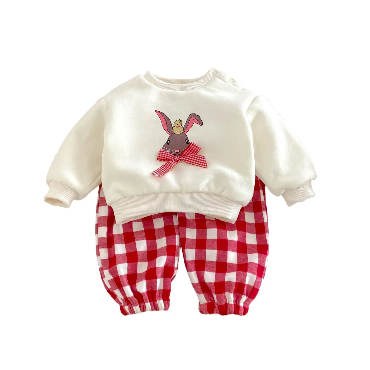 UNIFEMEN Winter Baby Girls 2PCS Clothes Set Cotton Rabbit Knotbow Top Fleece Plaid Pants Suit Toddler Girls Tracksuit