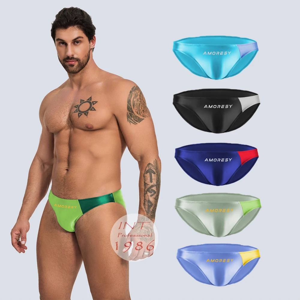AMORESY men's Matching color low waisted sexy sports undershorts beach holiday soily comfortable smooth Swimming Trunks Briefs