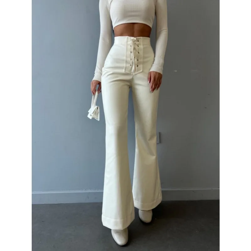 Women's Sexy Spicy Girl Flare Pants Autumn New Lace Up Design High Waist PU Leather Slim Trousers for Women