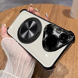 Magnetic Ring Stand Holder Shockproof Soft Silicone Plating Case for Pura 90 Pro (Black)