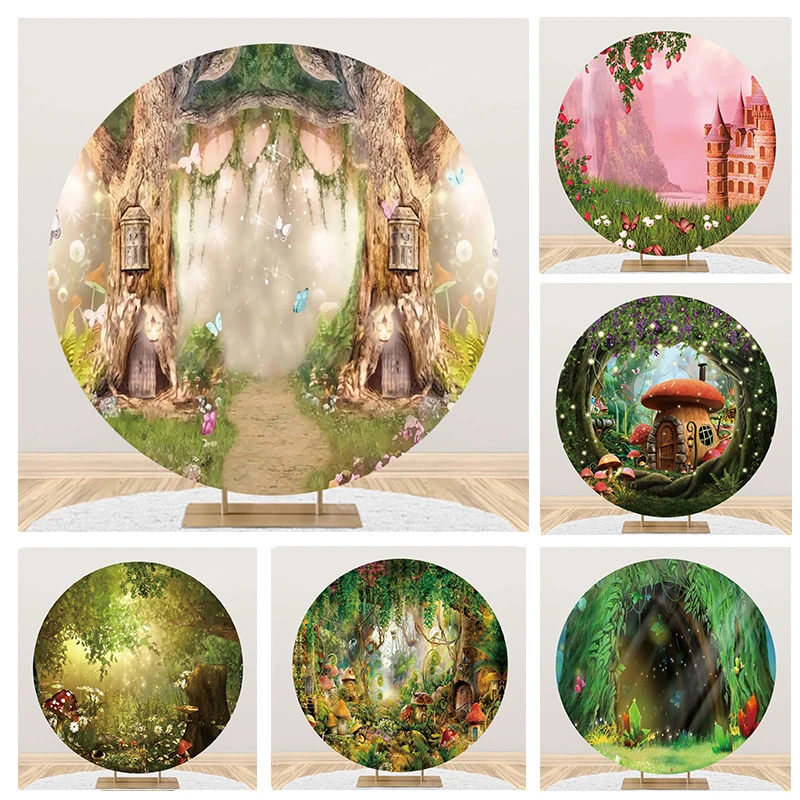 

Laeacco Fairy Tale Enchanted Forest Round Backdrop Girl Princess Birthday Baby Shower Portrait Customized Photography Background