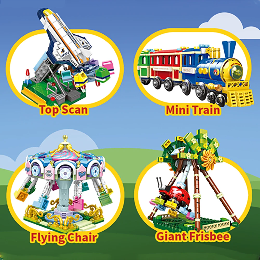 S7068e3045f9746bcb046fc8013a40dc7M Klocki do budowy targowe blokuje diabelski młyn zestaw duże wahadło statek piracki karuzela Park rozrywki z instrukcją montażu