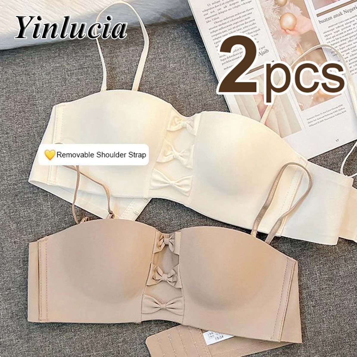 

2 Pcs Removable Sling Lingerie Gathered Crop Top Underwear Women Solid Color Push Up Soft No Steel Ring Bows Bras Seamless New