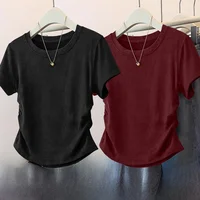 Ele ort Sve T-irt Women's Summer Folded Waist Design High-End Versatile Top Korean Sle Slim Fit Pure Color