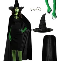 Halloween Evil Witch Costume Set for Women Gothic Wizard Cosplay Green Claw Gloves Sharp Hat Set Adult Carnival Party Dress Up 2