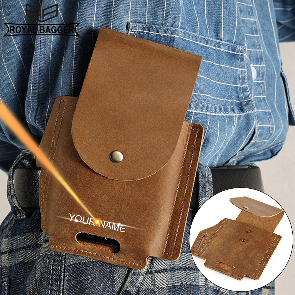 

Royal Bagger Crazy Horse Leather Sports Waist Packs Slim Hanging Phone Bags for Men Genuine Cowhide Vintage Men's Bag 6571