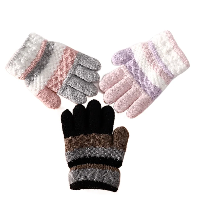 Winter Warm Baby Gloves Cute Striped Split-finger Kindergarten Boys Girls Kids Knitted Gloves for 3-8 Years 1Pairs winter gloves,baby mittens