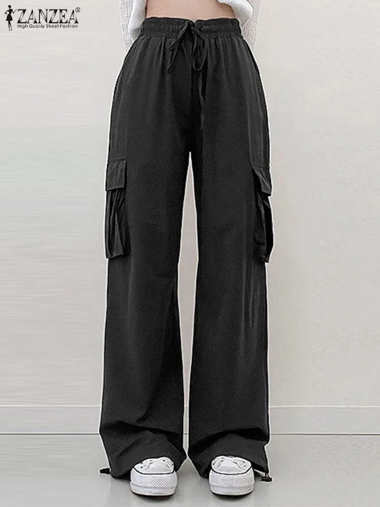 

ZANZEA Fashion Elastic High Waist Pantalons 2023 Vintage Cargo Pants Women Pockets Overalls Baggy Wide Leg Straight Trousers